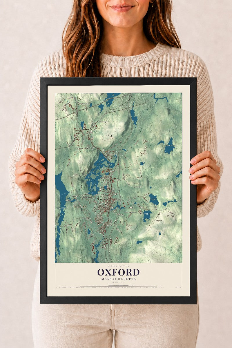 Oxford, Massachusetts map print - 12 x 18 black Ayous wood frame