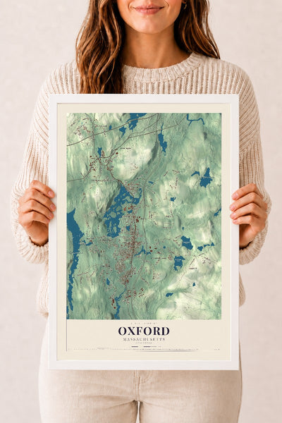 Oxford, Massachusetts map print - 12 x 18 white Ayous wood frame