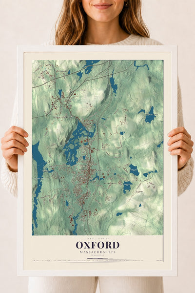 Oxford, Massachusetts map print - 18 x 24 white Ayous wood frame