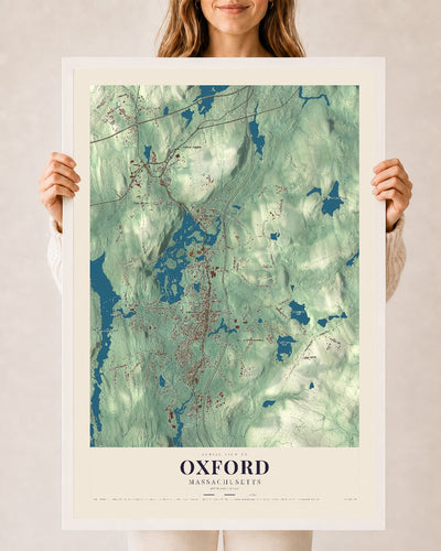 Oxford, Massachusetts map print - 24 x 36 white Ayous wood frame
