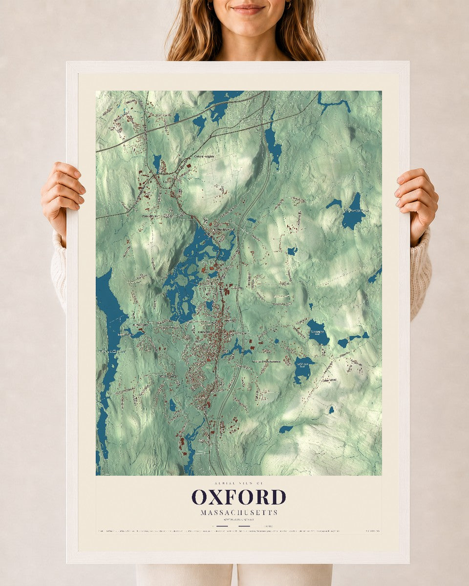 Oxford, Massachusetts map print - 24 x 36 white Ayous wood frame