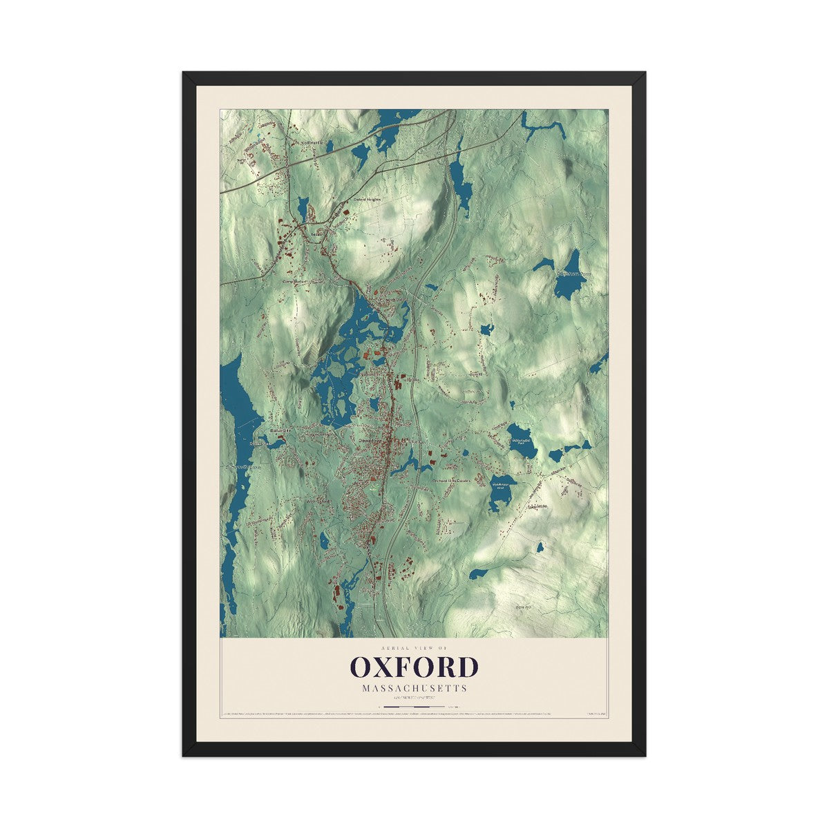 Map of Oxford, Massachusetts, 12 x 18 inch print in a black wood frame