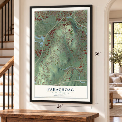 Pakachoag, Massachusetts map, 24 x 36 inch print in a black frame by a staircase