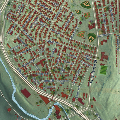 Close-up of the map of Pakachoag, Massachusetts print showing street and building detail