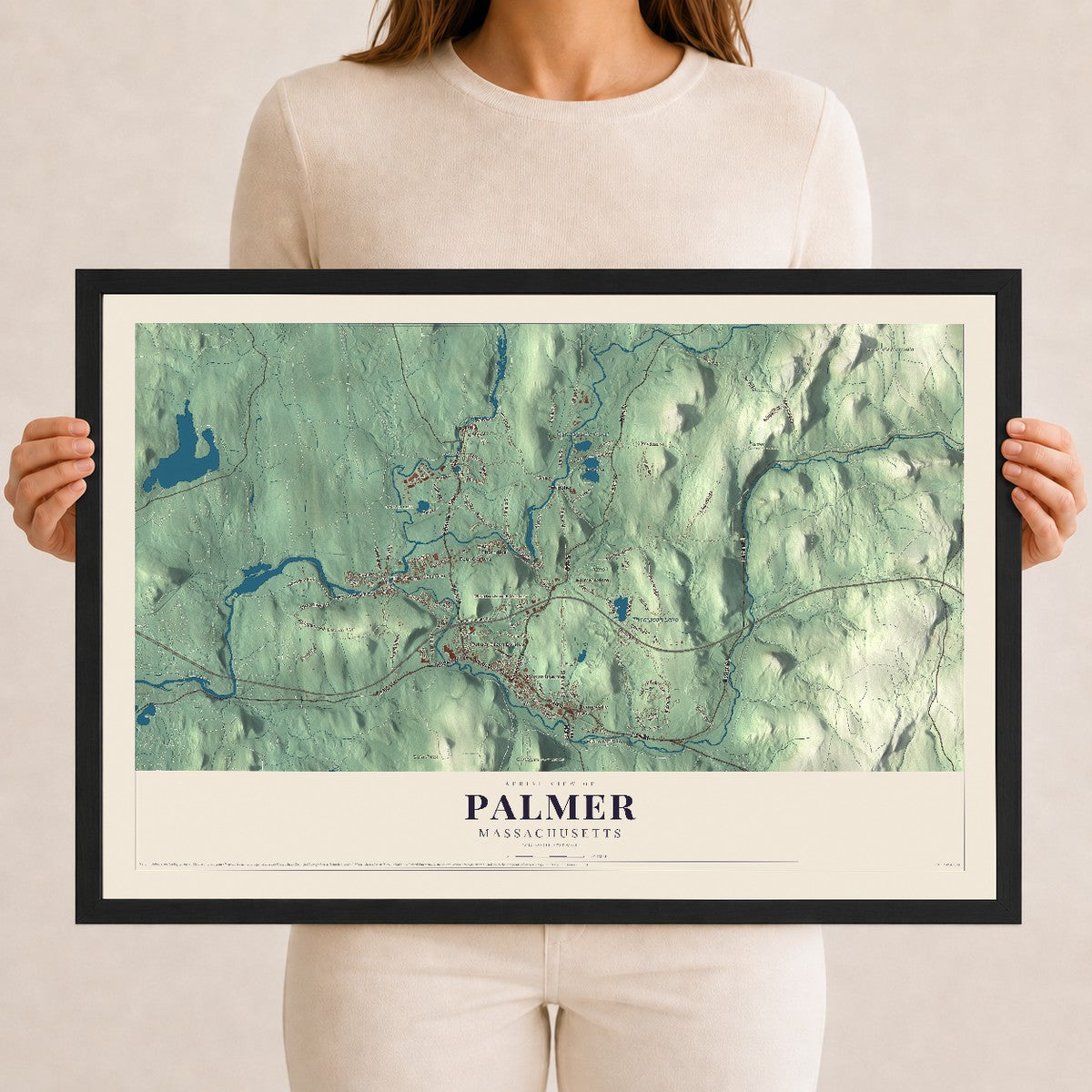 Palmer, Massachusetts map print - 12 x 18 black Ayous wood frame