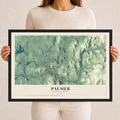 Palmer, Massachusetts map print - 12 x 18 black Ayous wood frame
