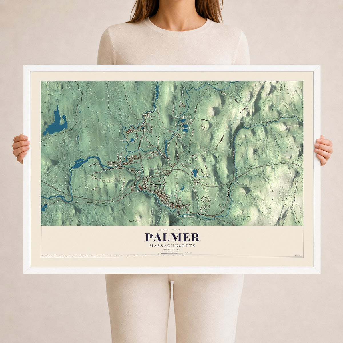 Palmer, Massachusetts map print - 24 x 36 white Ayous wood frame