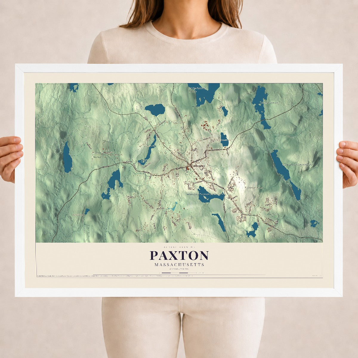 Paxton, Massachusetts map print - 18 x 24 white Ayous wood frame