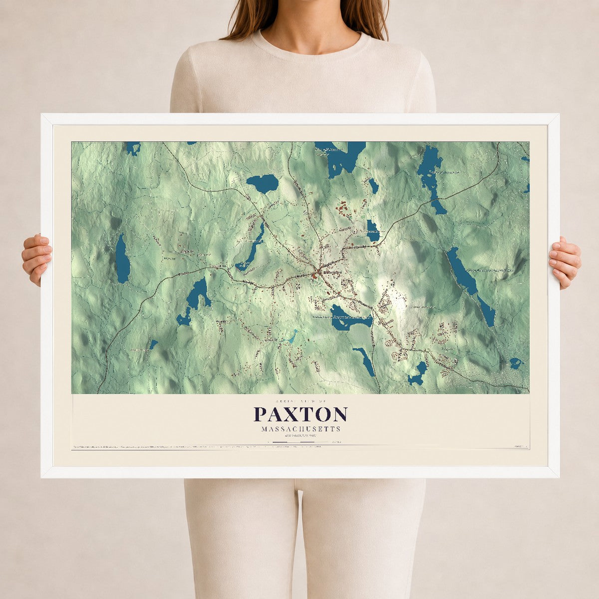 Paxton, Massachusetts map print - 24 x 36 white Ayous wood frame