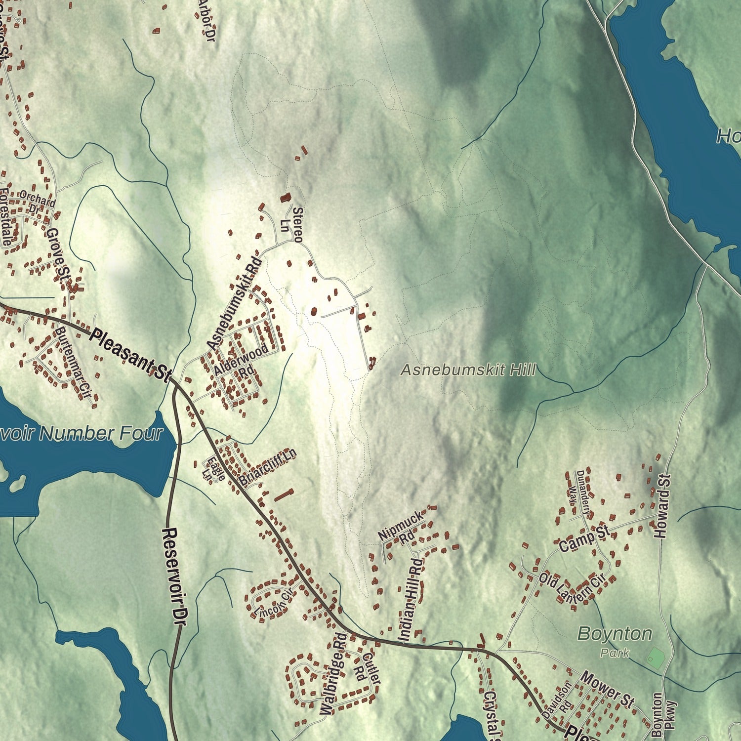 Terrain and local geography detail from the Paxton, Massachusetts map