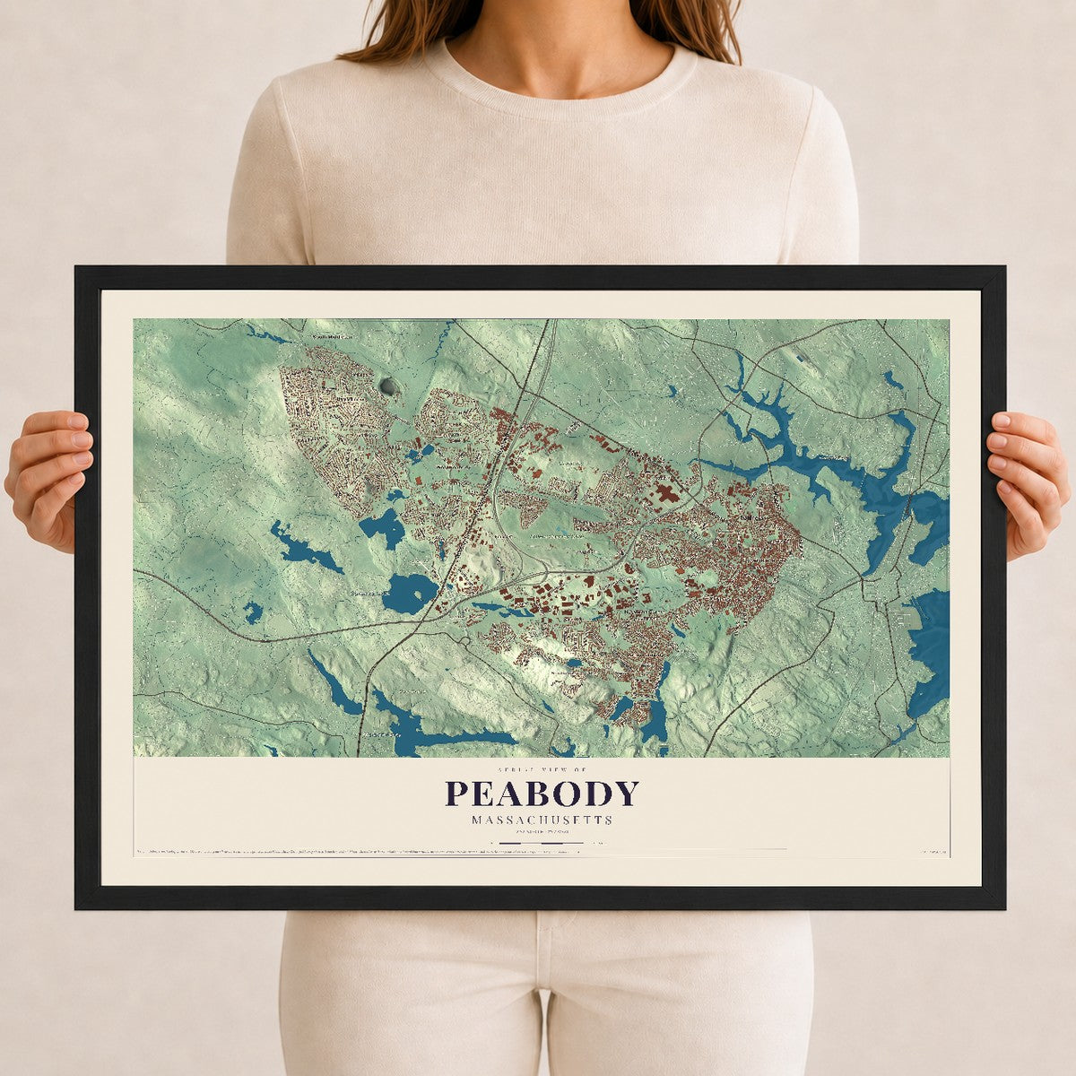 Peabody, Massachusetts map print - 12 x 18 black Ayous wood frame