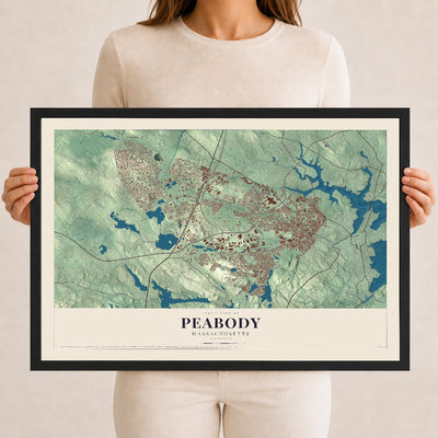 Peabody, Massachusetts map print - 12 x 18 black Ayous wood frame