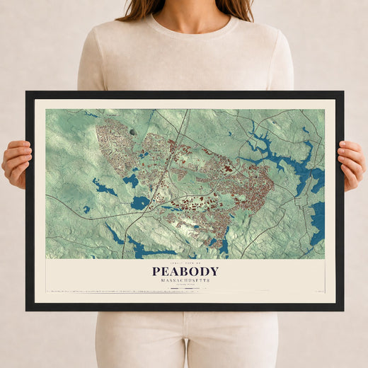 Map of Peabody, Massachusetts, 12 x 18 inch print in a black wood frame