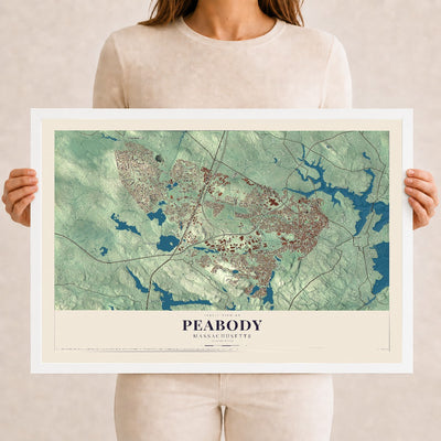 Peabody, Massachusetts map print - 12 x 18 white Ayous wood frame