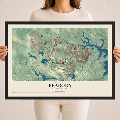 Peabody, Massachusetts map print - 18 x 24 black Ayous wood frame