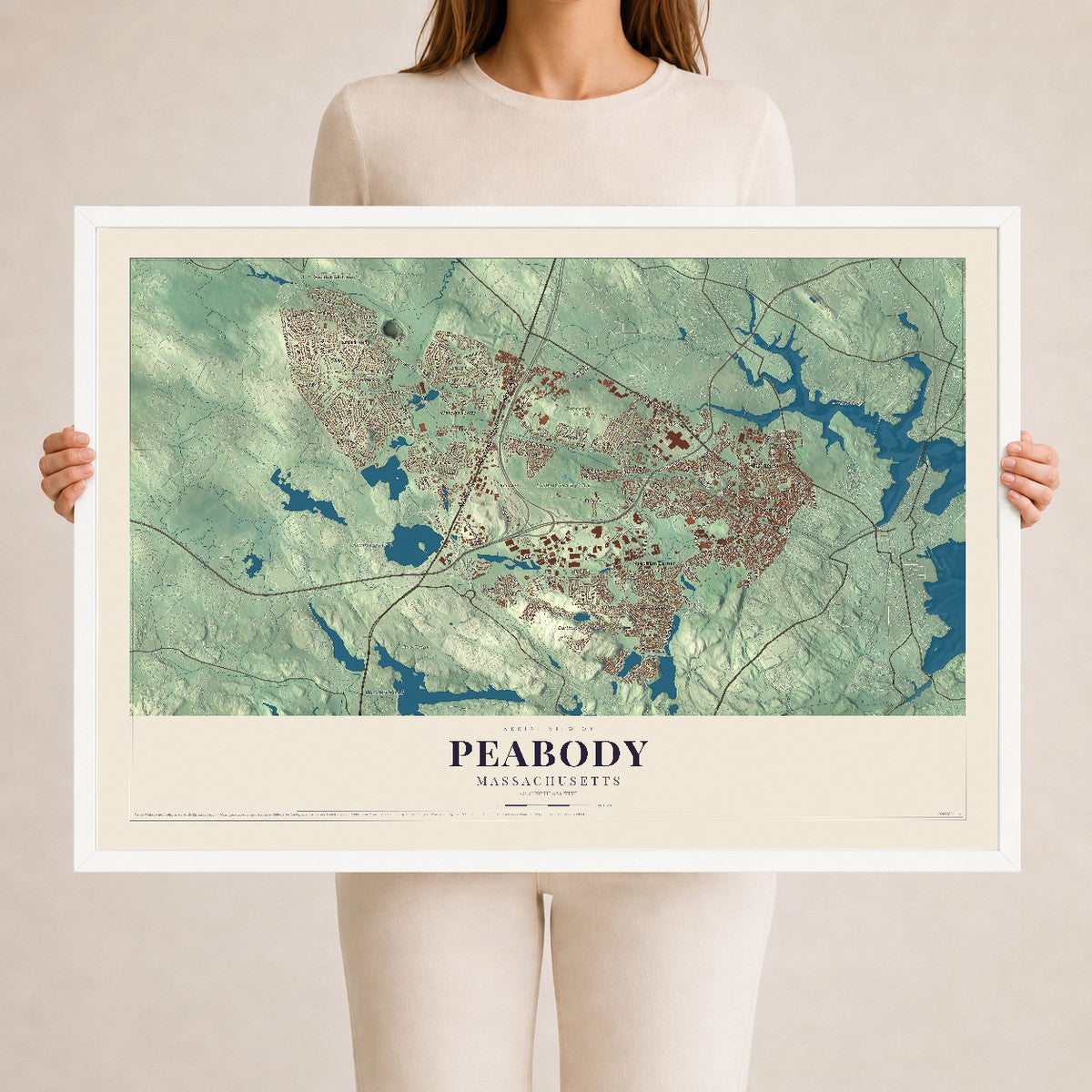 Peabody, Massachusetts map print - 24 x 36 white Ayous wood frame