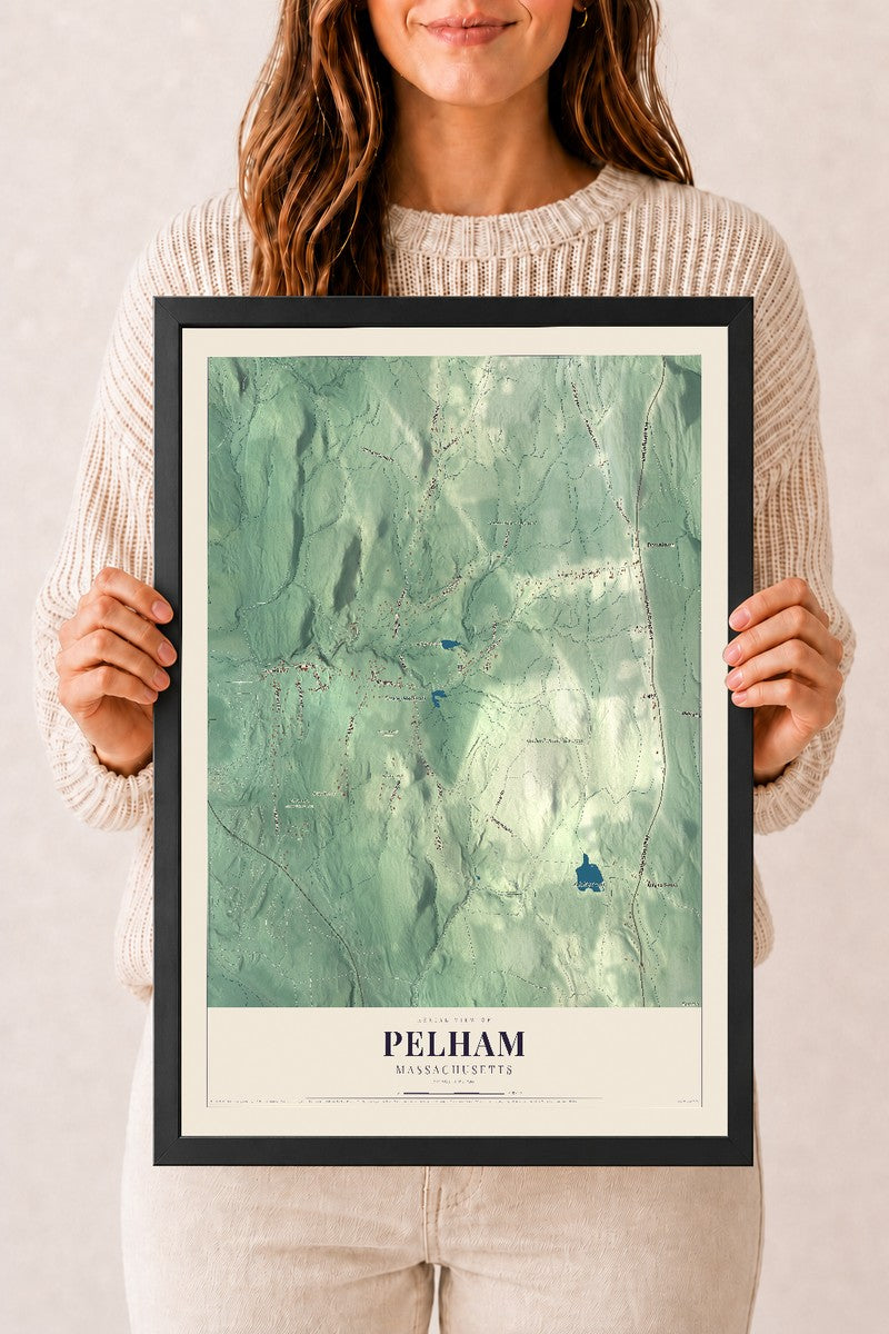 Pelham, Massachusetts map print - 12 x 18 black Ayous wood frame