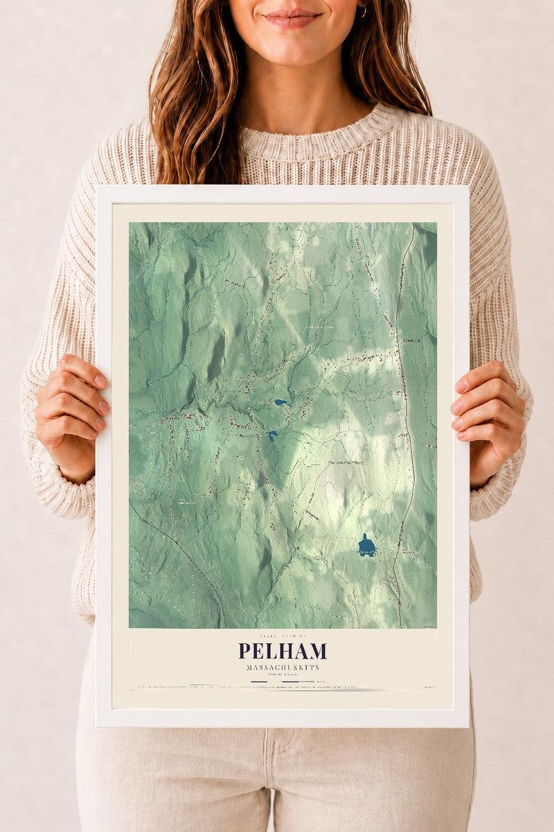 Pelham, Massachusetts map print - 12 x 18 white Ayous wood frame