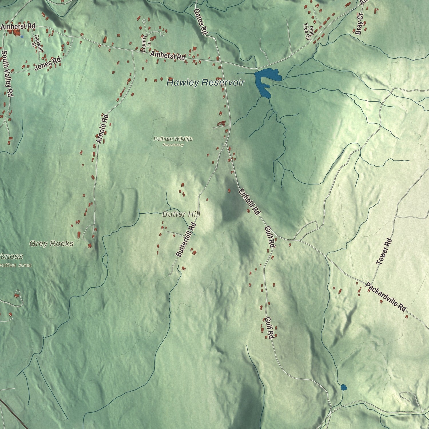 Terrain and local geography detail from the Pelham, Massachusetts map