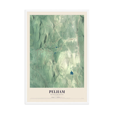 Map of Pelham, Massachusetts, 12 x 18 inch print in a white wood frame