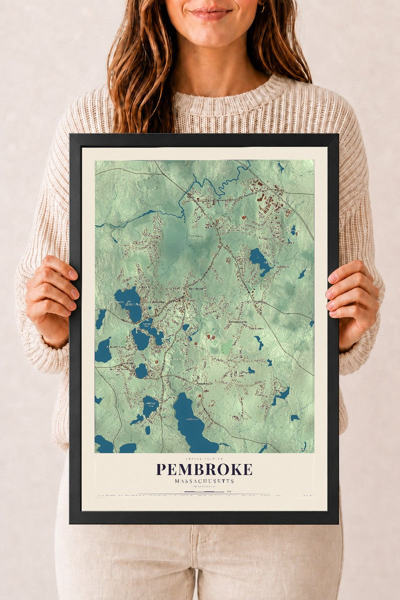 Pembroke, Massachusetts map print - 12 x 18 black Ayous wood frame