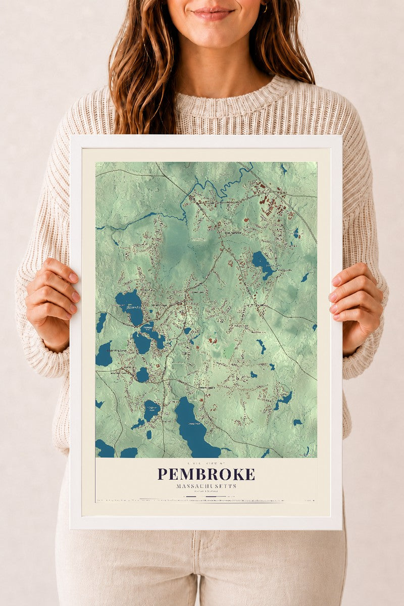 Pembroke, Massachusetts map print - 12 x 18 white Ayous wood frame