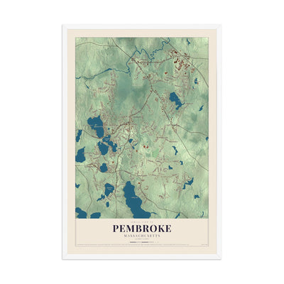 Map of Pembroke, Massachusetts, 12 x 18 inch print in a white wood frame