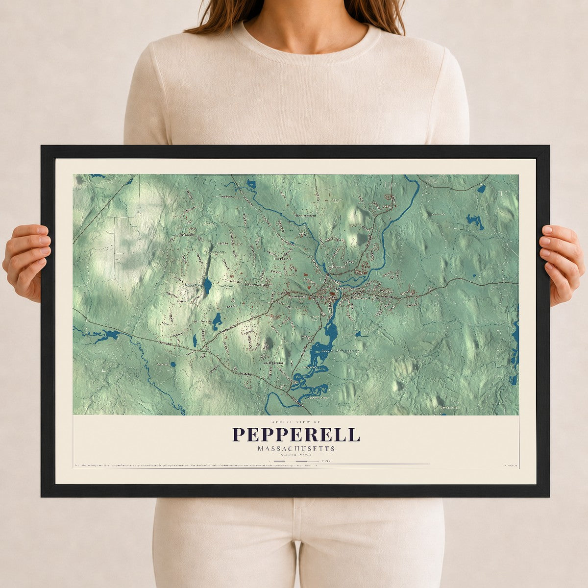 Pepperell, Massachusetts map print - 12 x 18 black Ayous wood frame