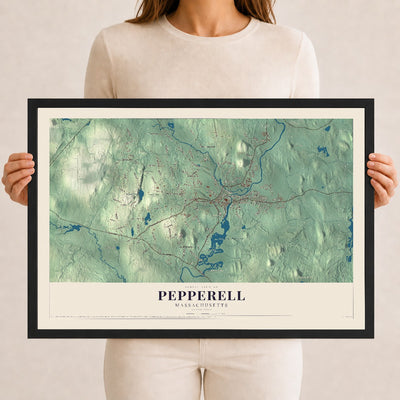 Pepperell, Massachusetts map print - 12 x 18 black Ayous wood frame