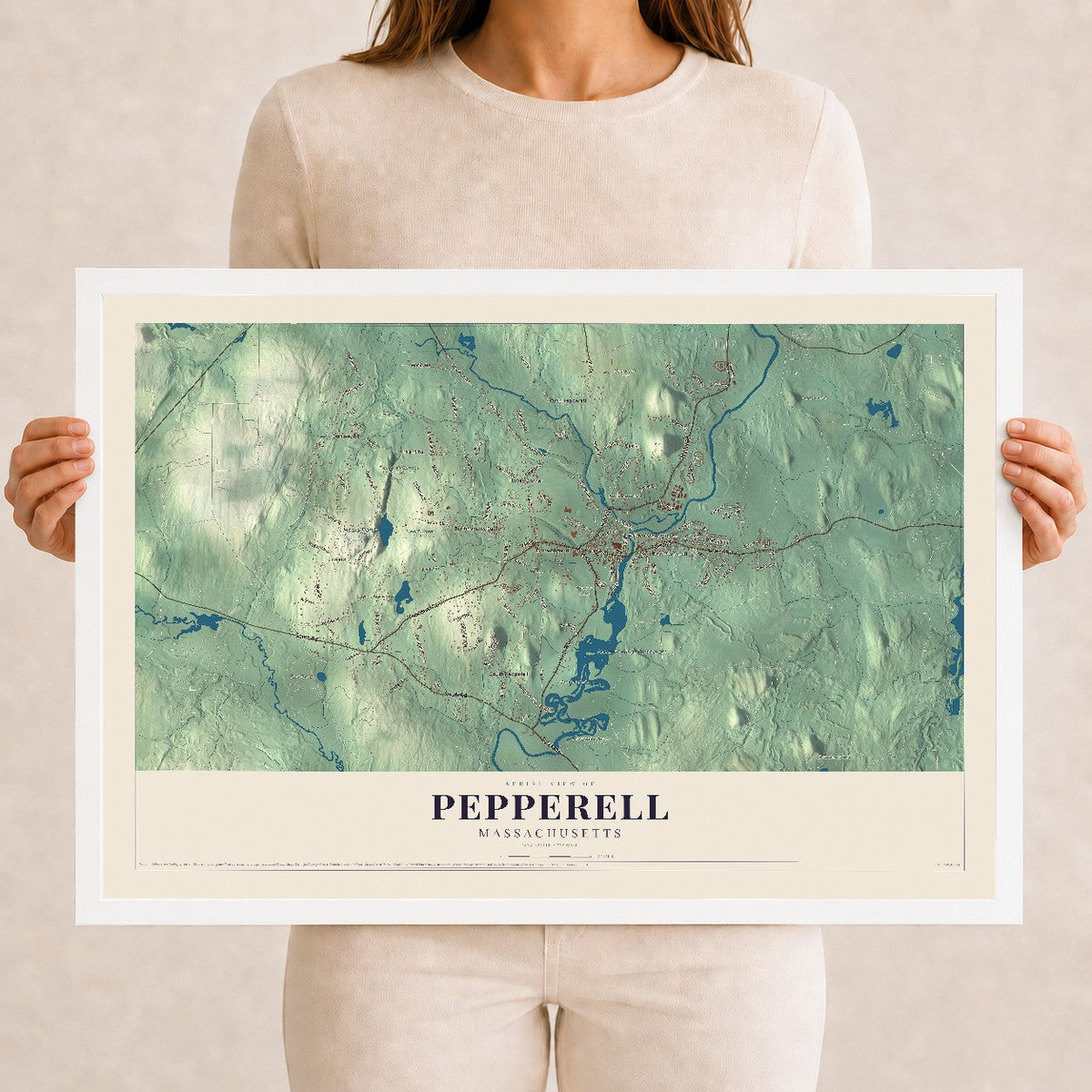 Pepperell, Massachusetts map print - 12 x 18 white Ayous wood frame