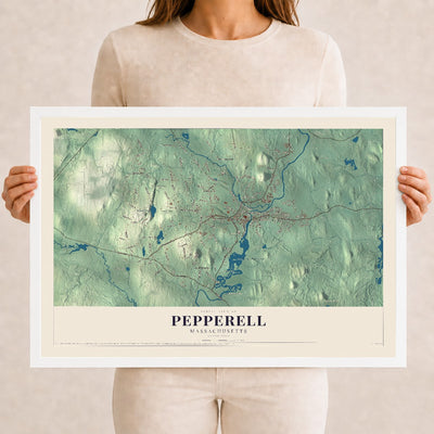 Pepperell, Massachusetts map print - 12 x 18 white Ayous wood frame