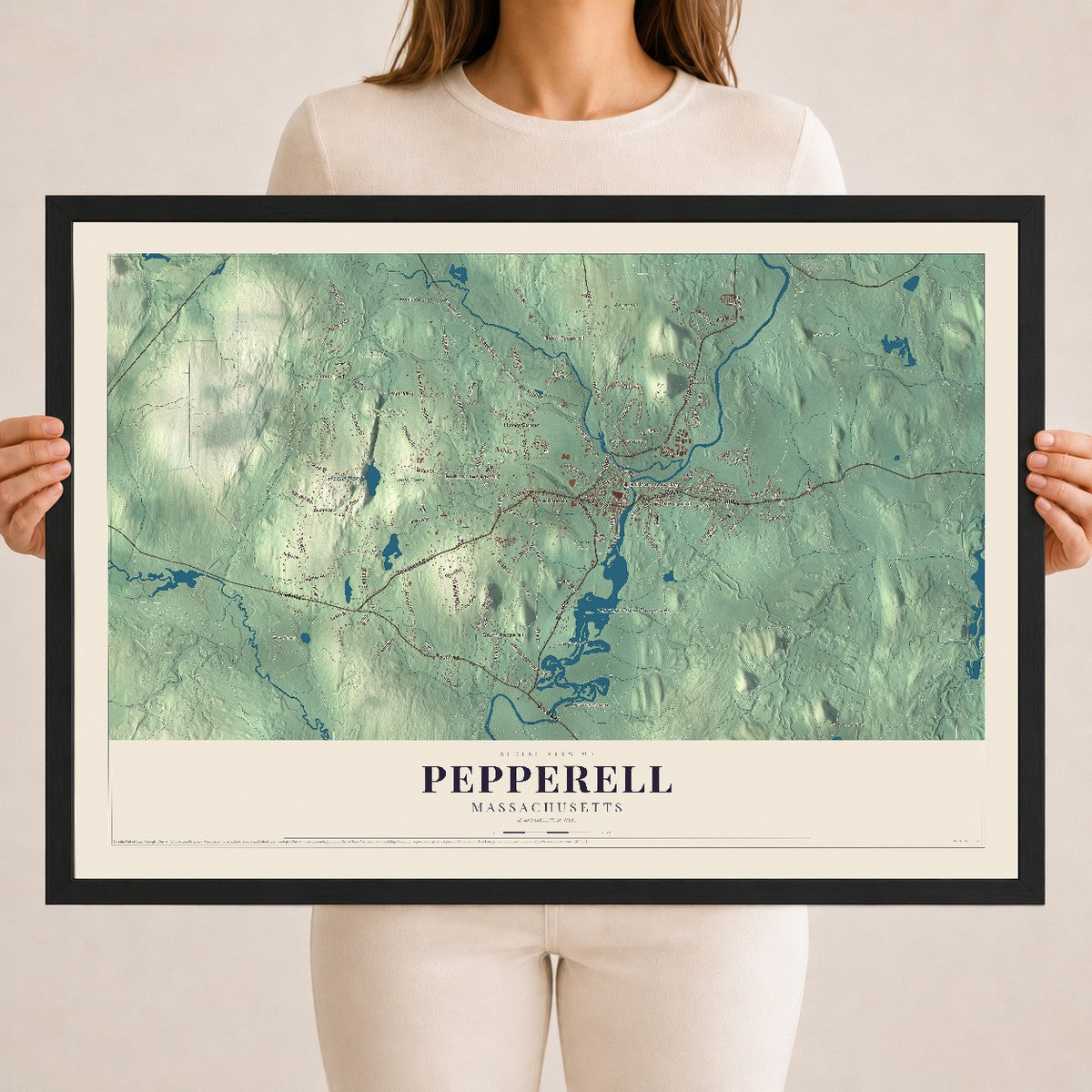 Pepperell, Massachusetts map print - 18 x 24 black Ayous wood frame