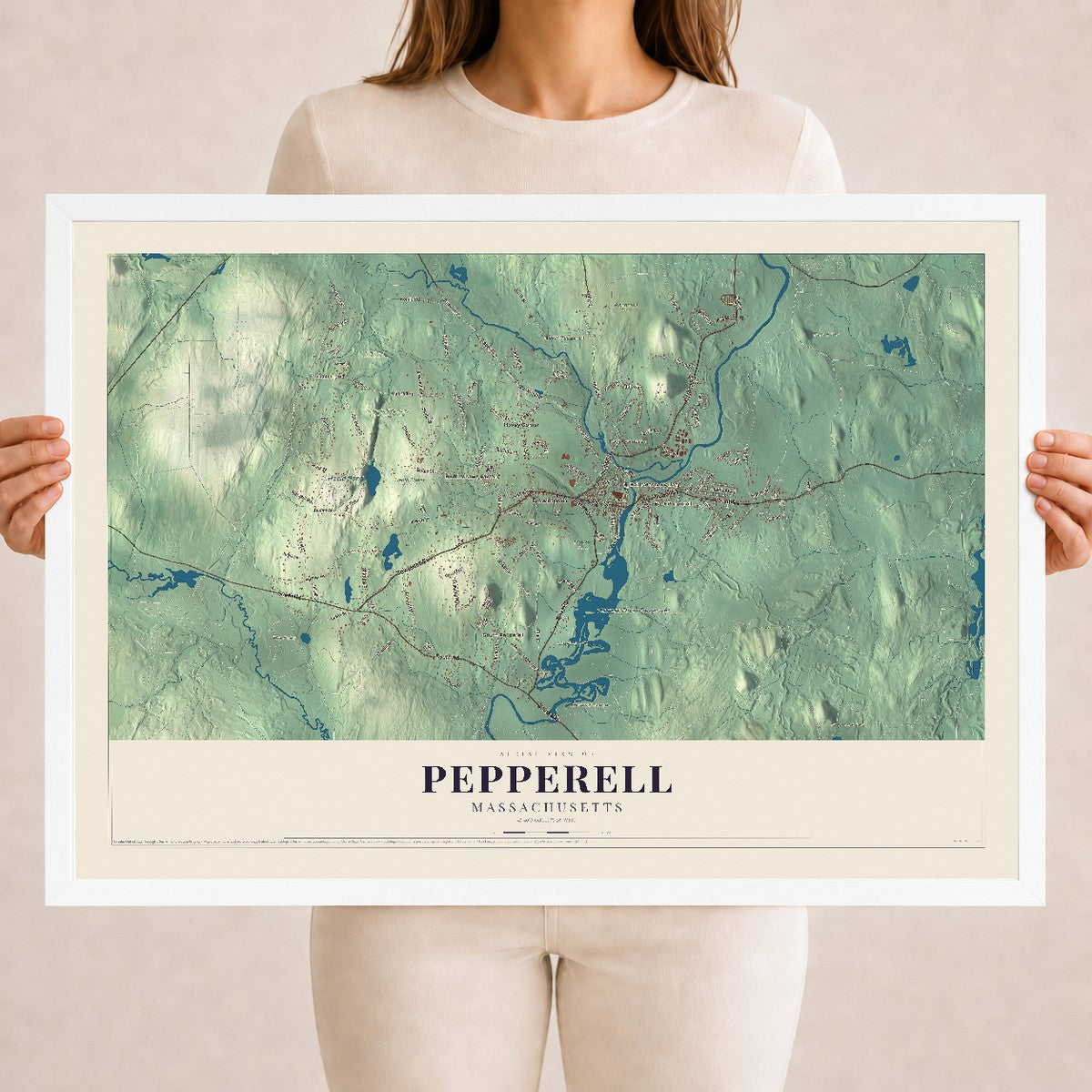 Pepperell, Massachusetts map print - 18 x 24 white Ayous wood frame