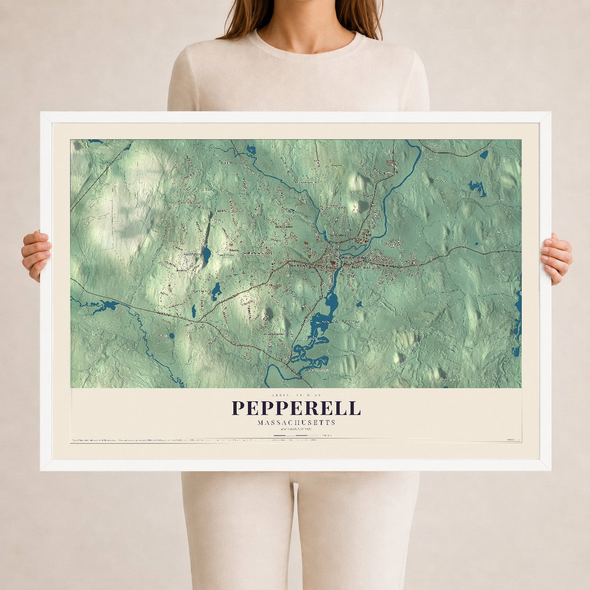 Pepperell, Massachusetts map print - 24 x 36 white Ayous wood frame