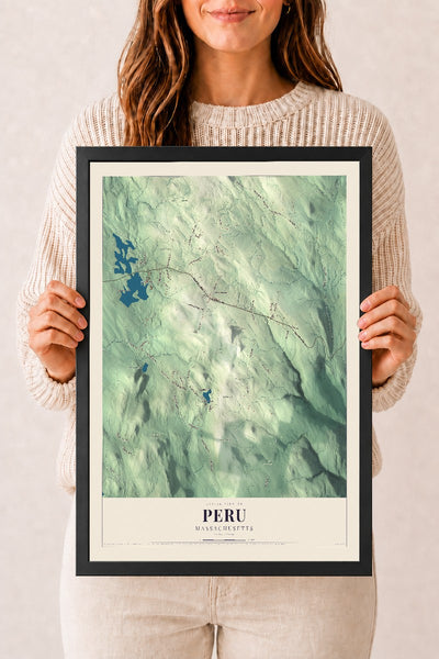 Peru, Massachusetts map print - 12 x 18 black Ayous wood frame