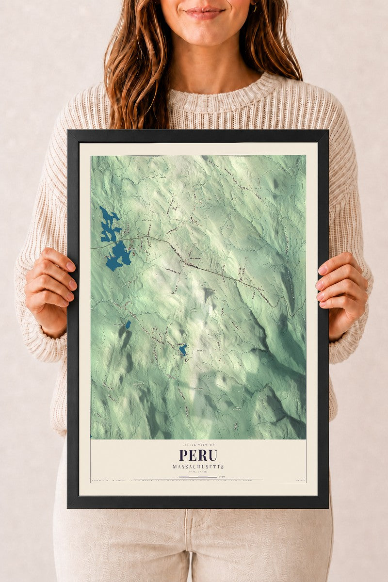 Peru, Massachusetts map print - 12 x 18 black Ayous wood frame