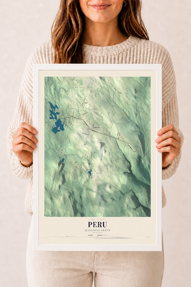Peru, Massachusetts map print - 12 x 18 white Ayous wood frame