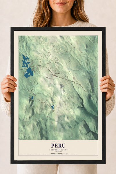 Peru, Massachusetts map print - 18 x 24 black Ayous wood frame