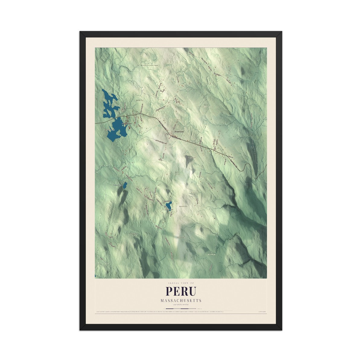Map of Peru, Massachusetts, 12 x 18 inch print in a black wood frame