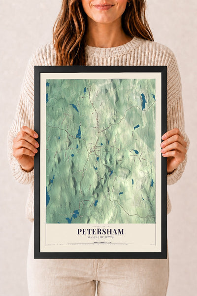 Petersham, Massachusetts map print - 12 x 18 black Ayous wood frame