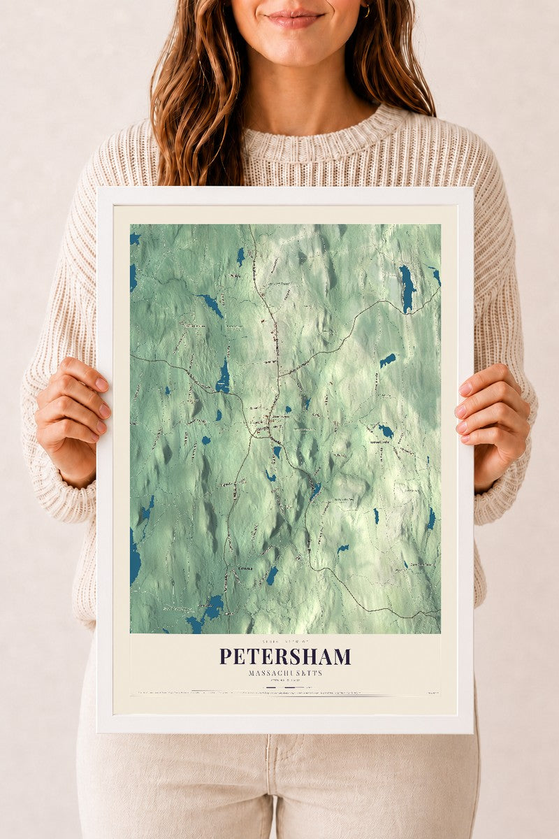 Petersham, Massachusetts map print - 12 x 18 white Ayous wood frame