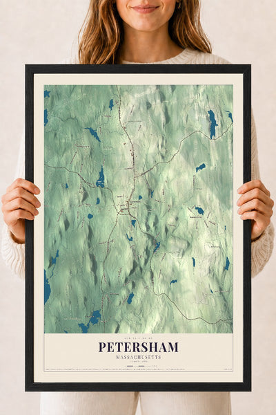 Petersham, Massachusetts map print - 18 x 24 black Ayous wood frame