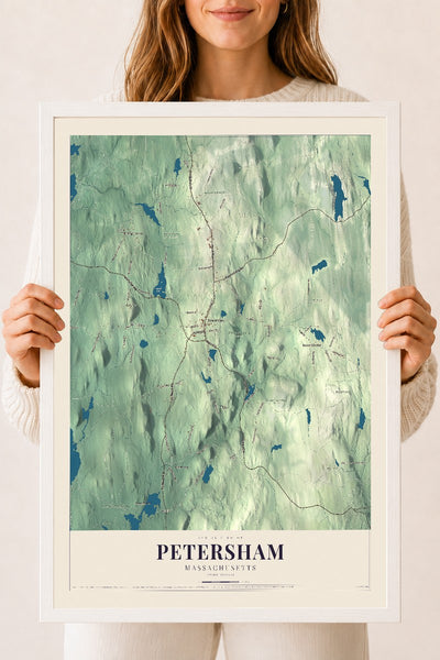 Petersham, Massachusetts map print - 18 x 24 white Ayous wood frame
