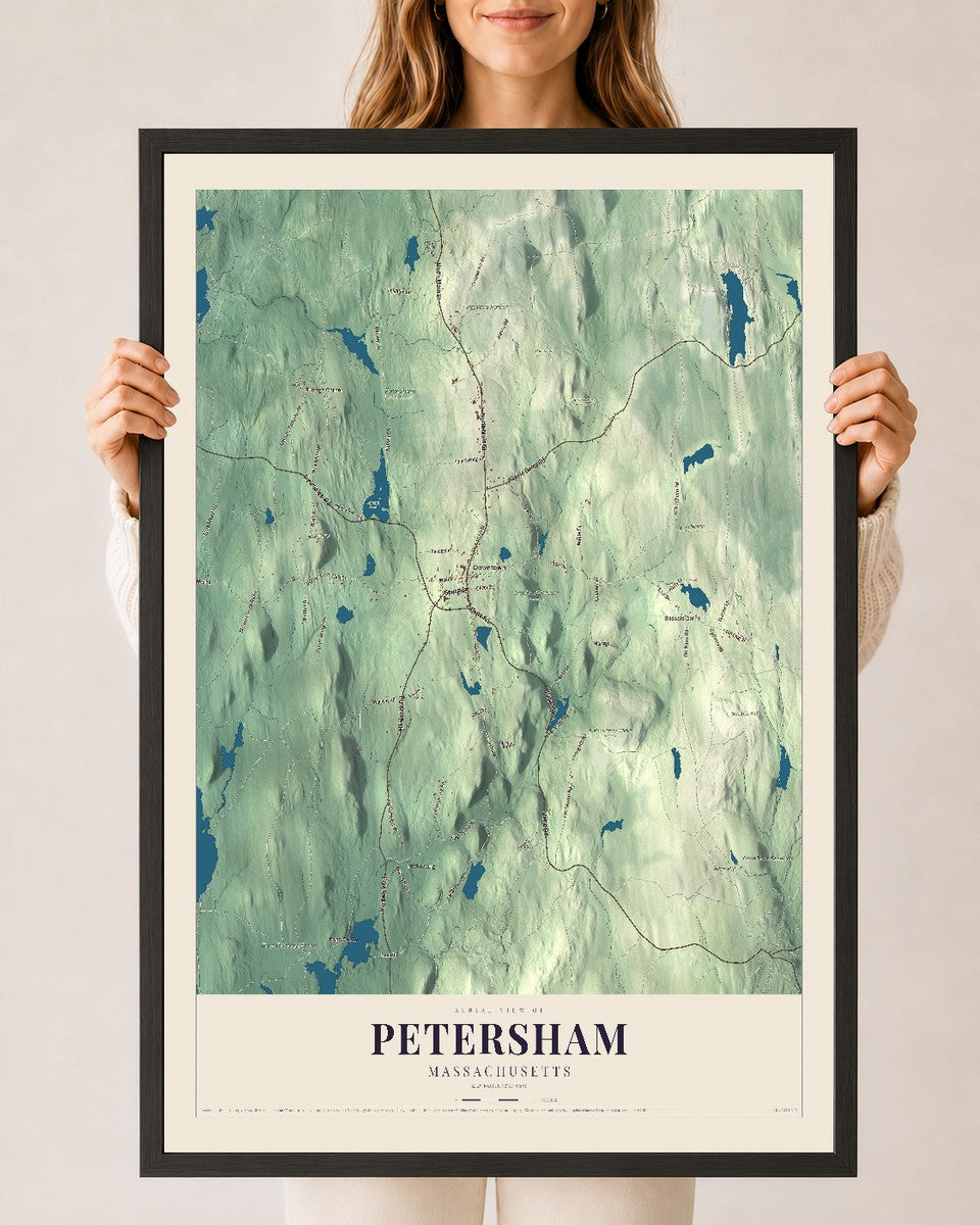Petersham, Massachusetts map print - 24 x 36 black Ayous wood frame