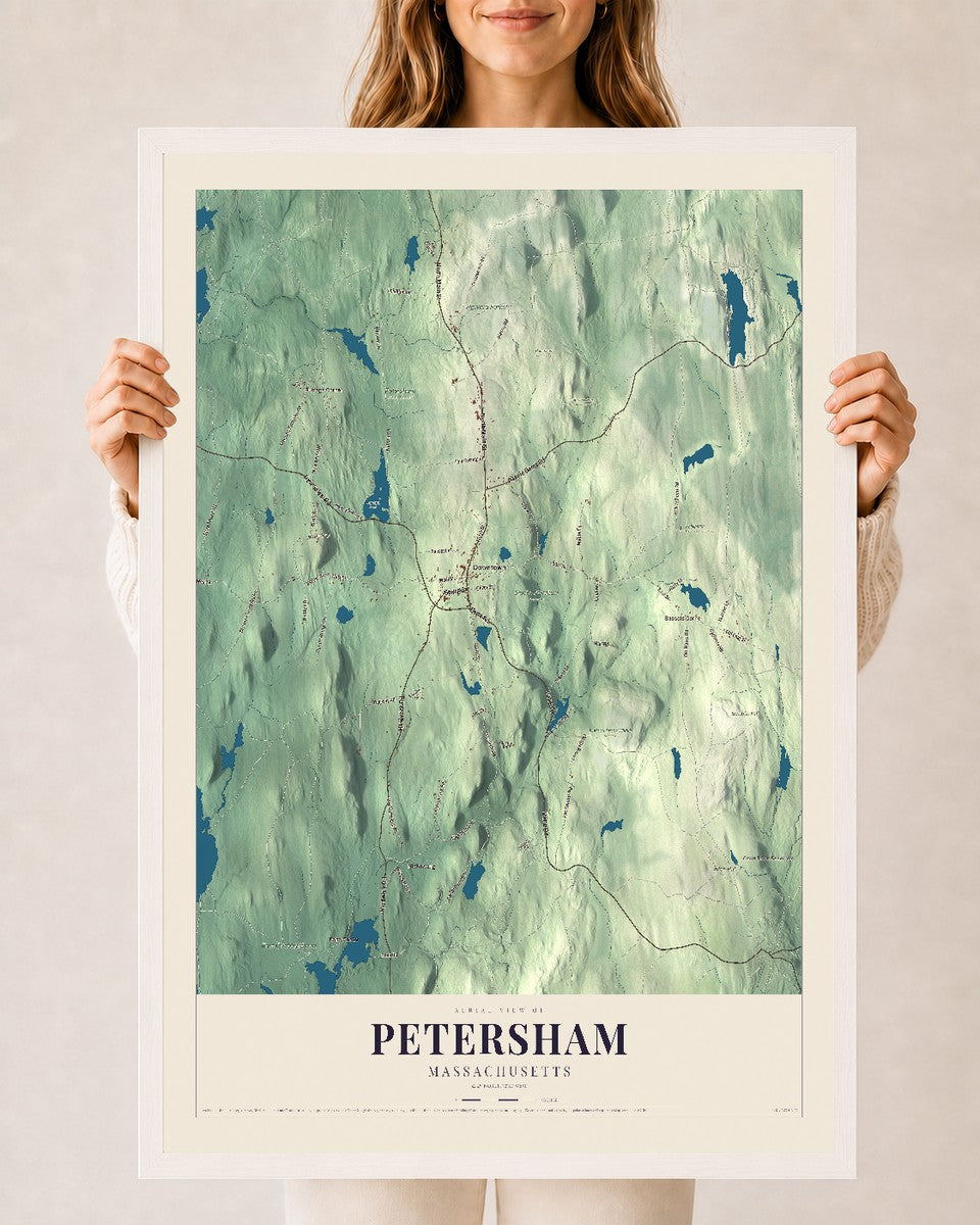 Petersham, Massachusetts map print - 24 x 36 white Ayous wood frame