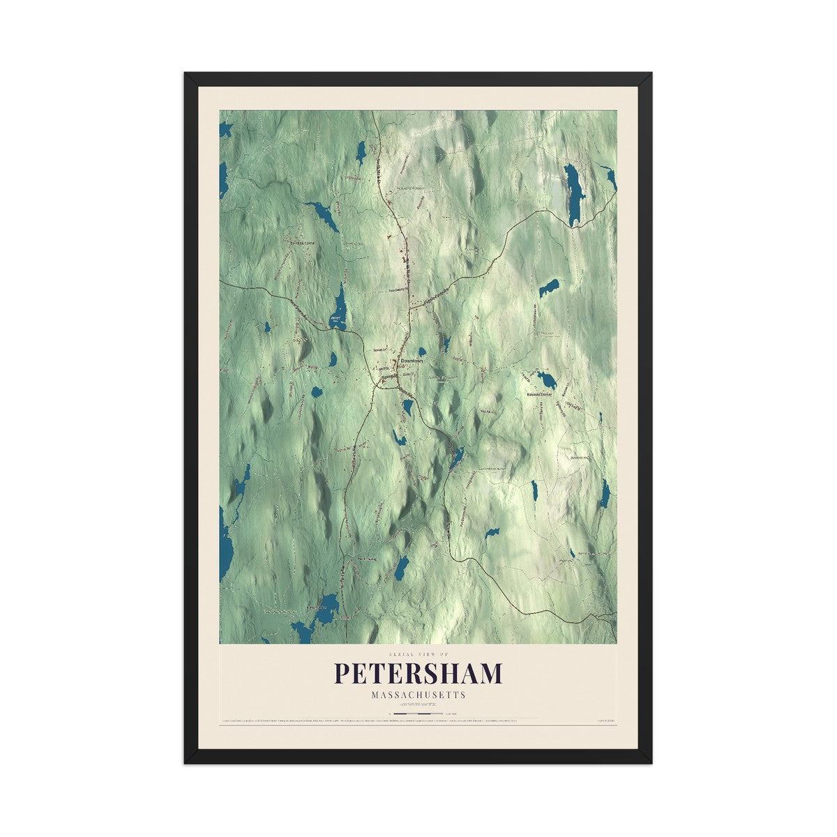 Petersham, Massachusetts map print - 12 x 18 black Ayous wood frame