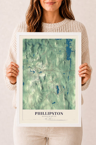 Phillipston, Massachusetts map print - 12 x 18 white Ayous wood frame