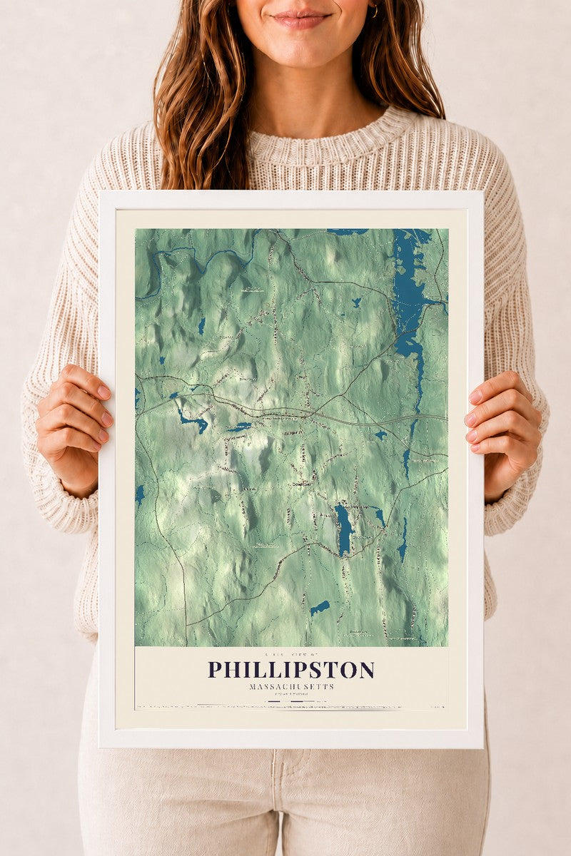 Phillipston, Massachusetts map print - 12 x 18 white Ayous wood frame