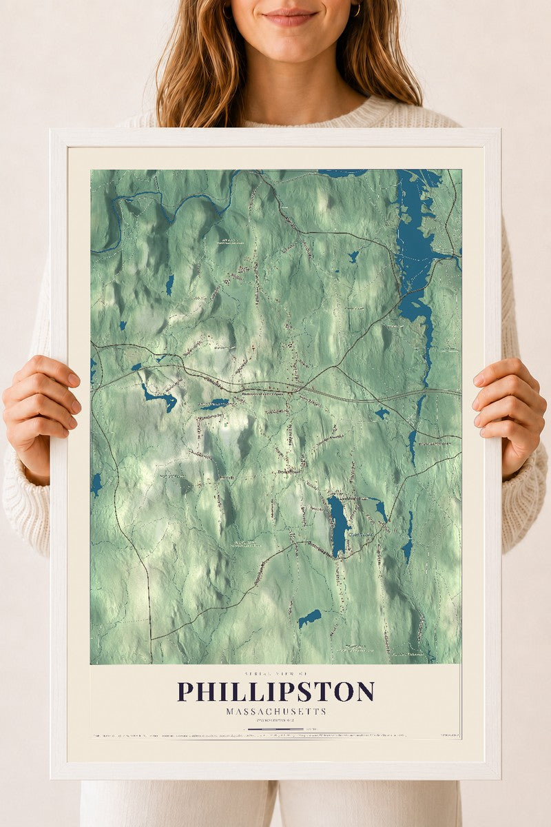 Phillipston, Massachusetts map print - 18 x 24 white Ayous wood frame