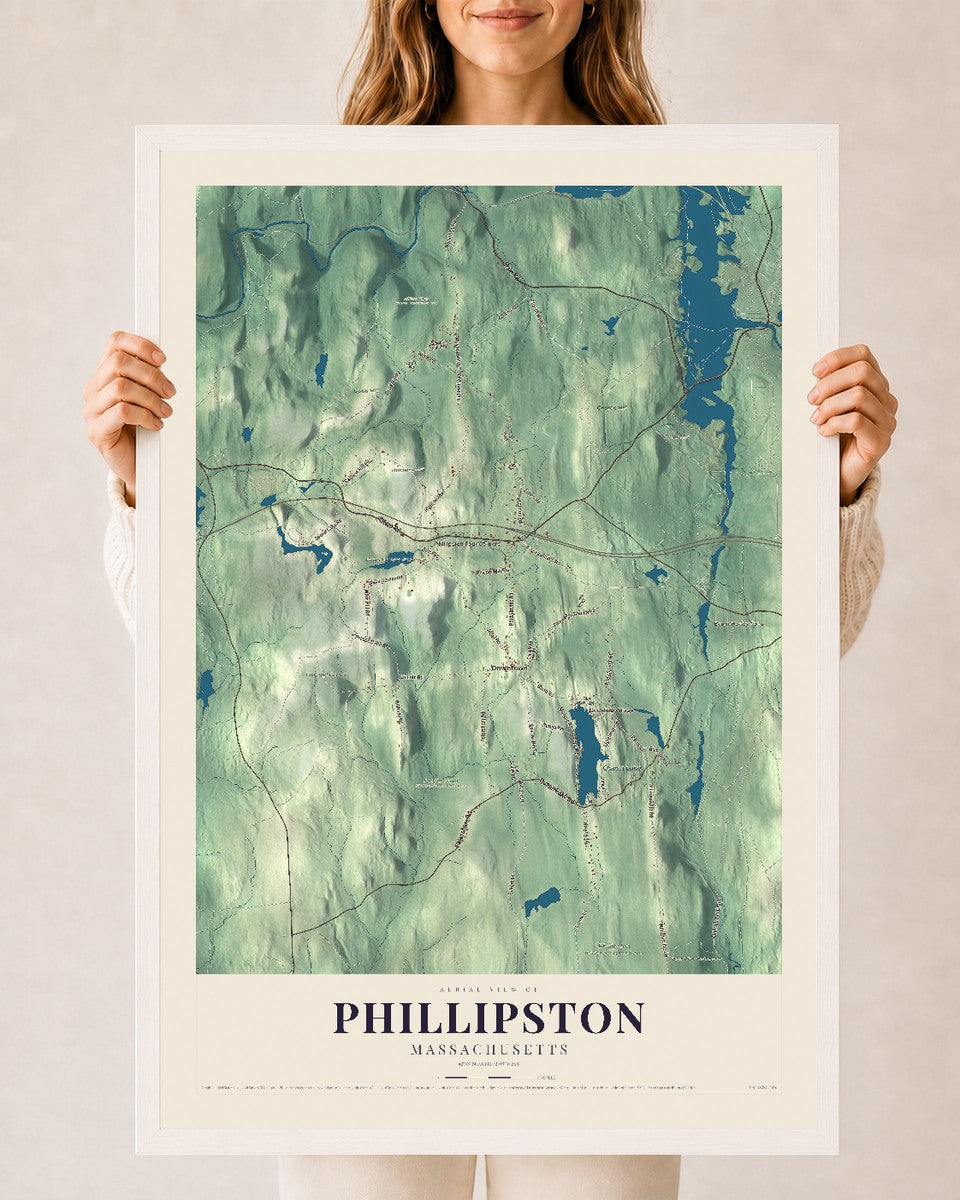 Phillipston, Massachusetts map print - 24 x 36 white Ayous wood frame